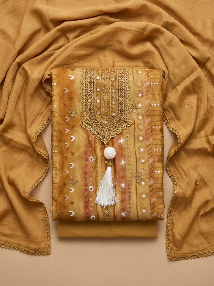 Mustard Embroidered Cotton Blend Unstitched Suit &amp; Pant With Cotton Dupatta