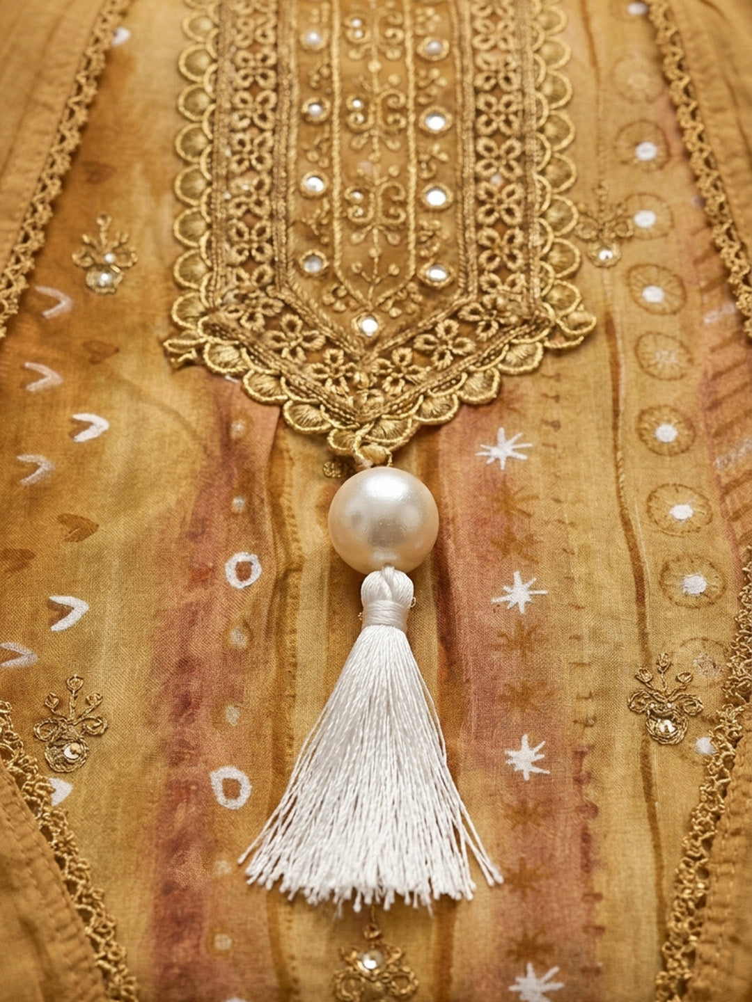 Mustard Embroidered Cotton Blend Unstitched Suit &amp; Pant With Cotton Dupatta