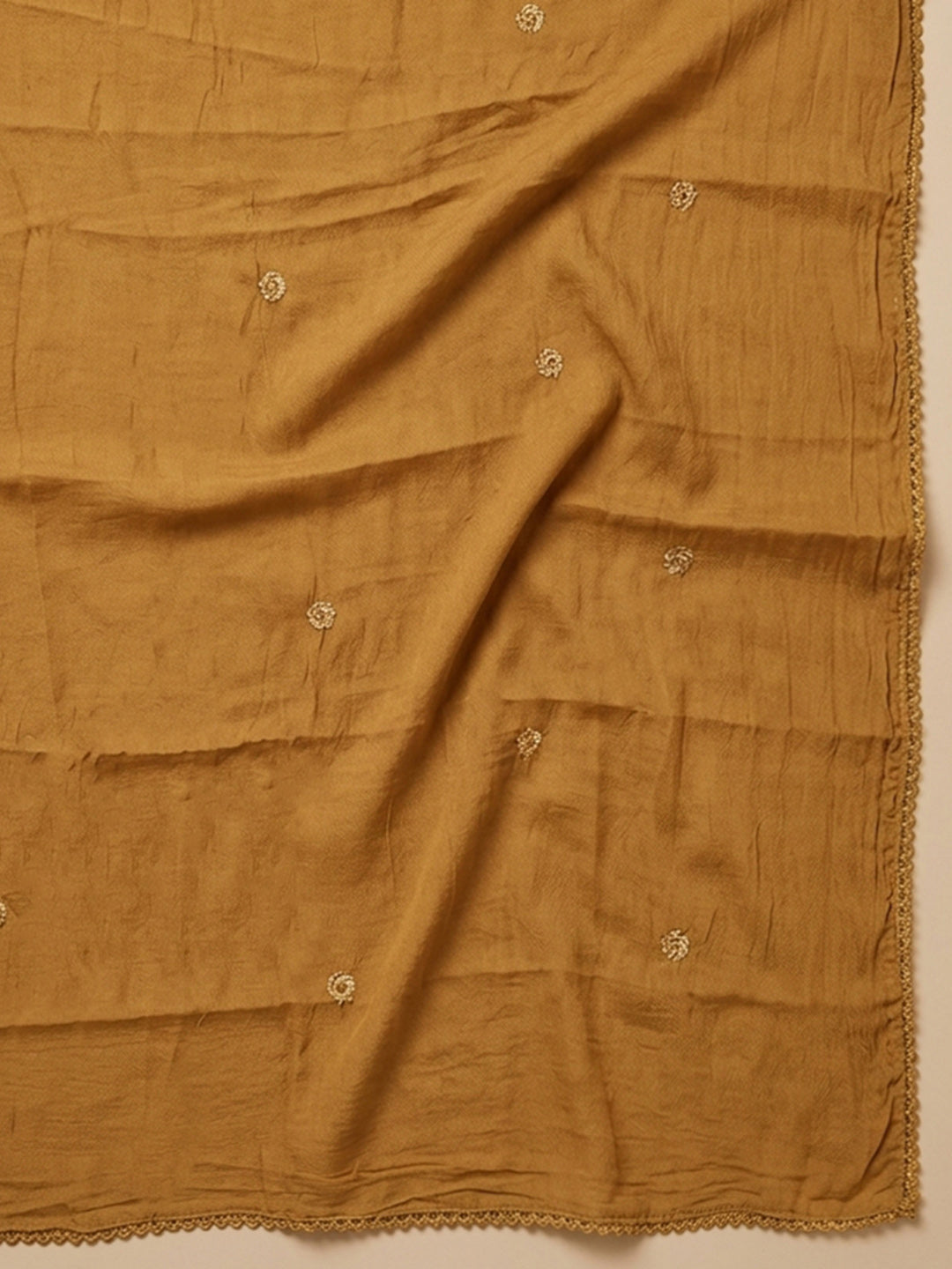 Mustard Embroidered Cotton Blend Unstitched Suit &amp; Pant With Cotton Dupatta