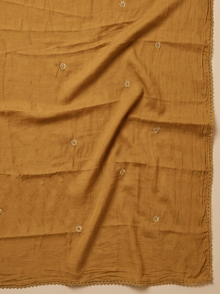 Mustard Embroidered Cotton Blend Unstitched Suit &amp; Pant With Cotton Dupatta
