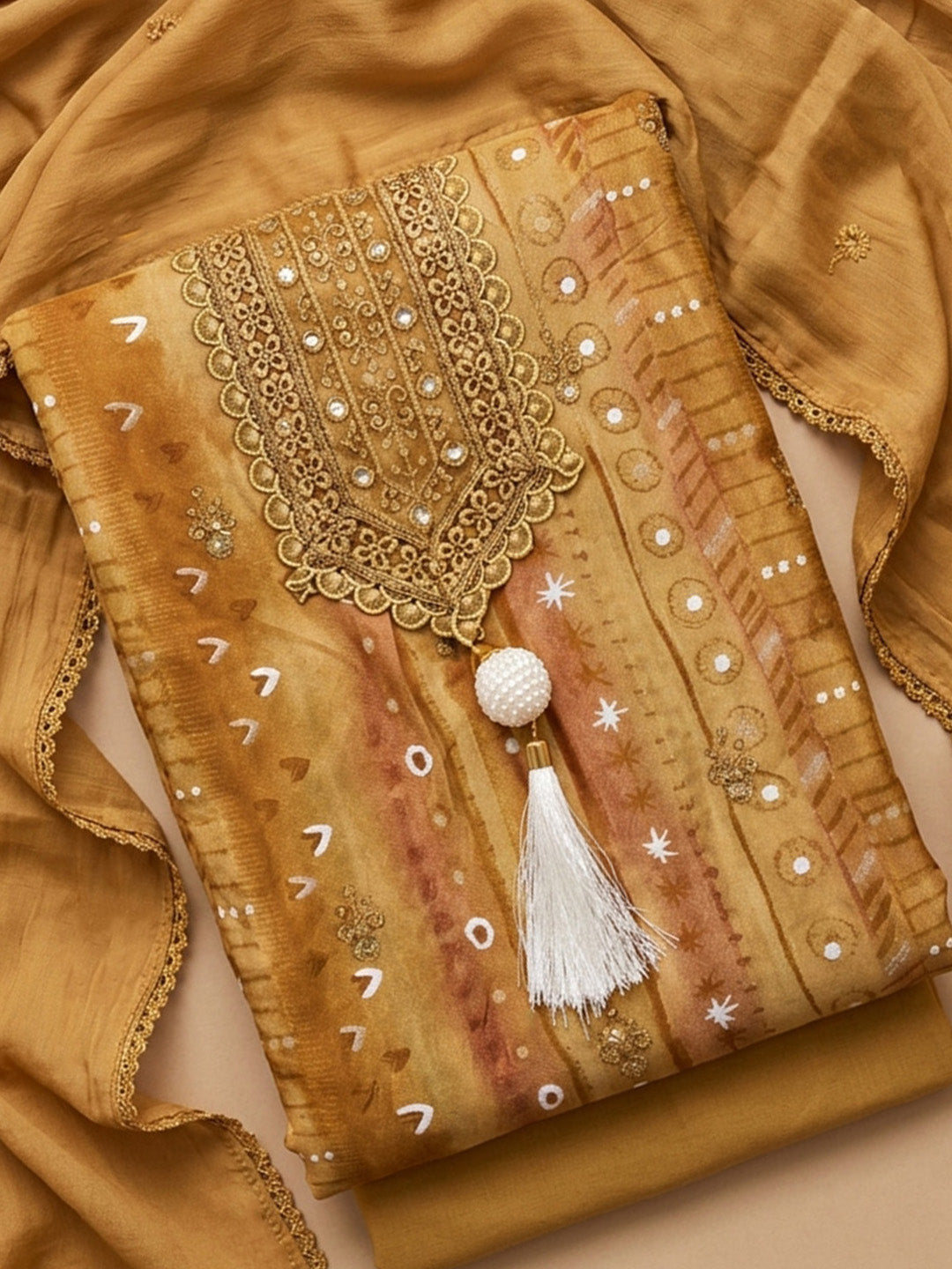 Mustard Embroidered Cotton Blend Unstitched Suit &amp; Pant With Cotton Dupatta