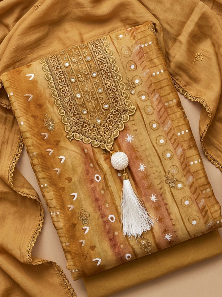 Mustard Embroidered Cotton Blend Unstitched Suit &amp; Pant With Cotton Dupatta