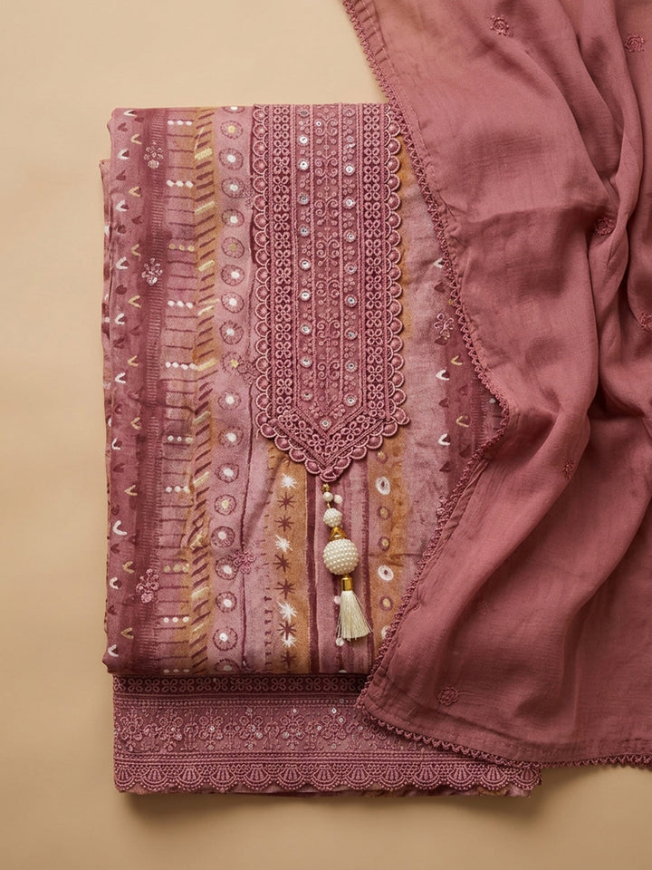 Onion Pink Embroidered Cotton Blend Unstitched Suit &amp; Pant With Cotton Dupatta