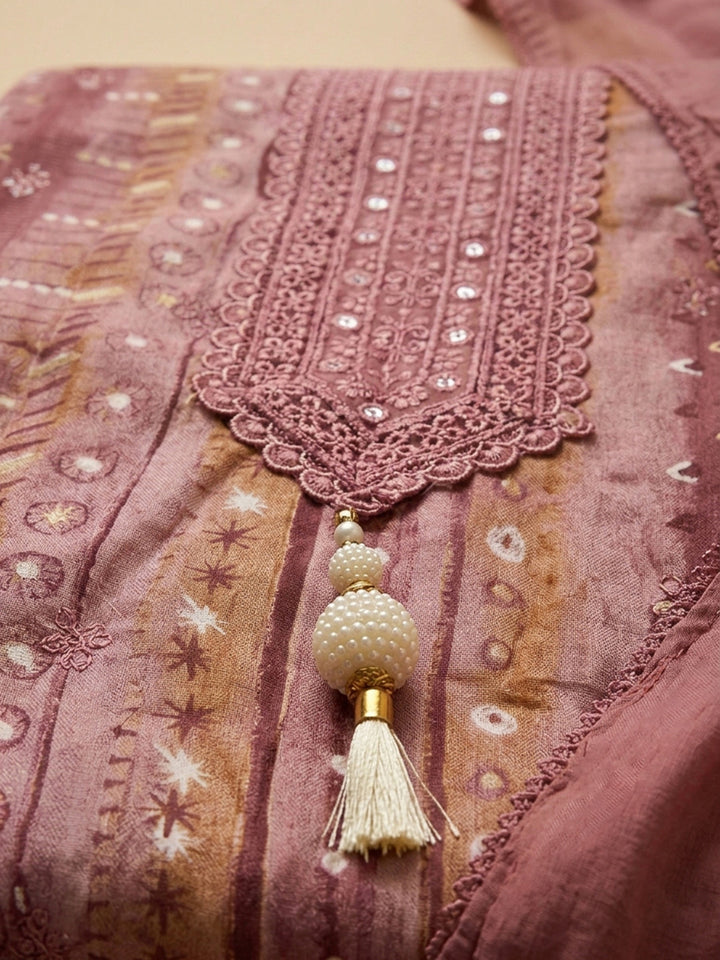 Onion Pink Embroidered Cotton Blend Unstitched Suit &amp; Pant With Cotton Dupatta