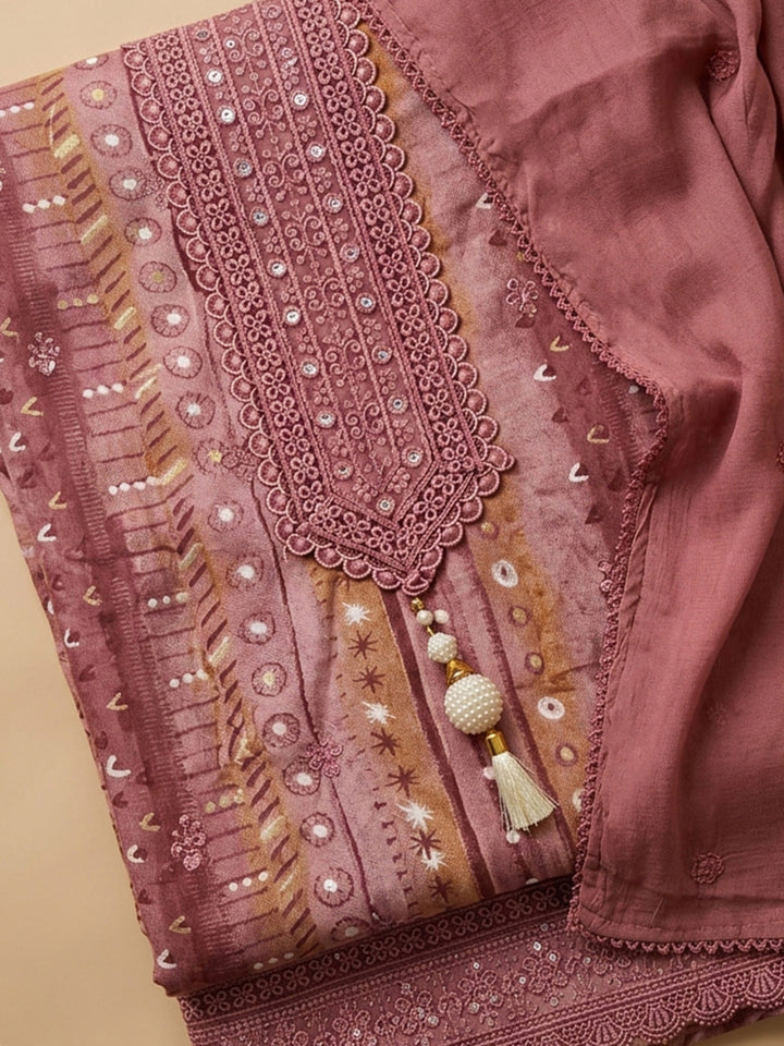 Onion Pink Embroidered Cotton Blend Unstitched Suit &amp; Pant With Cotton Dupatta