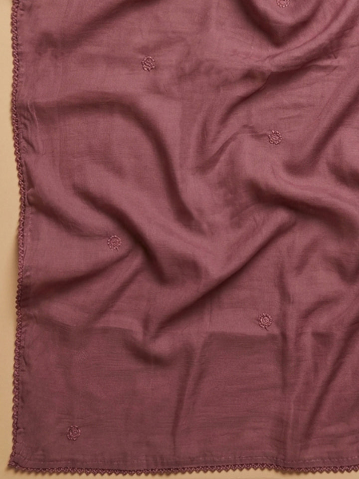 Onion Pink Embroidered Cotton Blend Unstitched Suit &amp; Pant With Cotton Dupatta