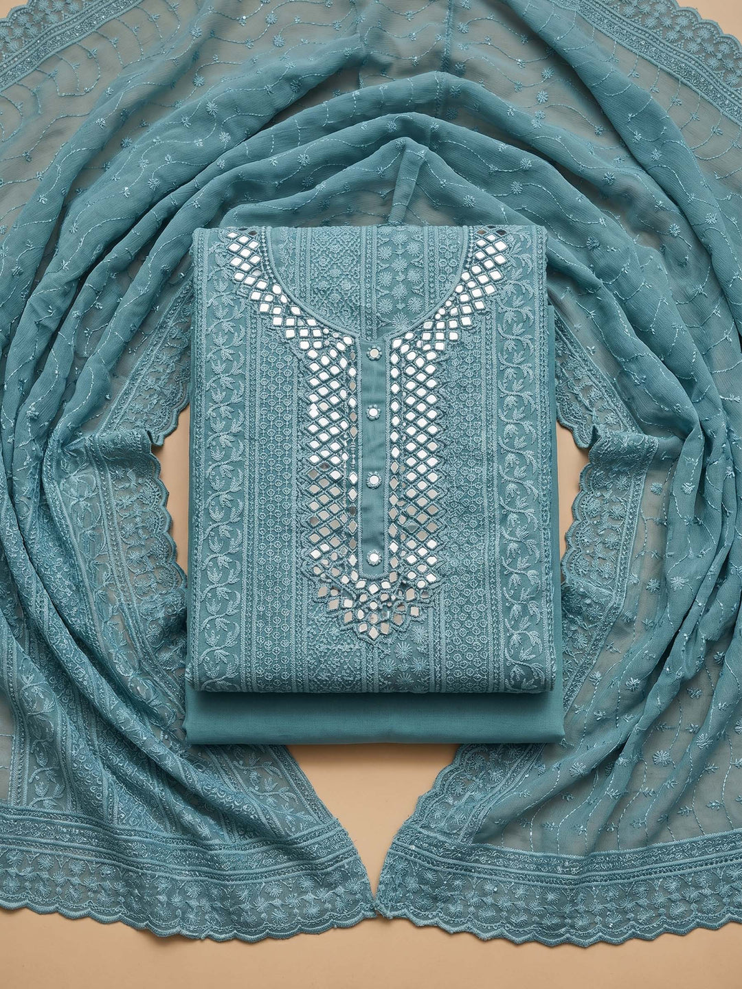 Blue Embroidered Georgette Unstitched Suit &amp; Pant With Cotton Dupatta