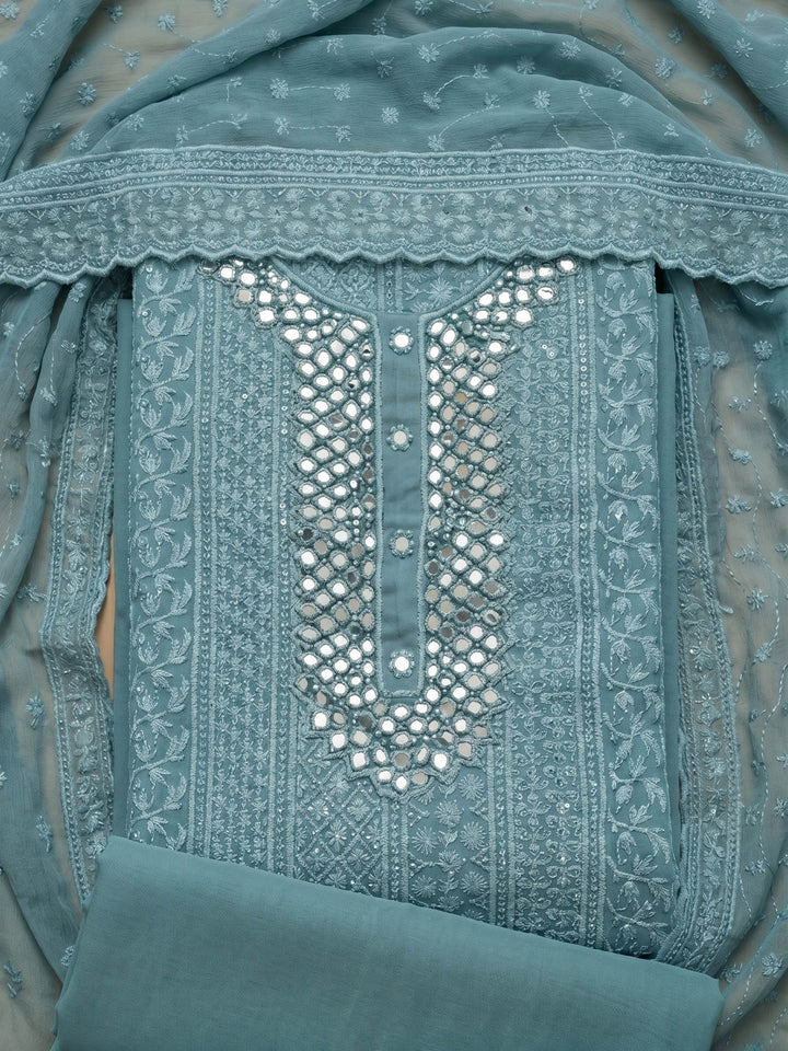 Blue Embroidered Georgette Unstitched Suit &amp; Pant With Cotton Dupatta