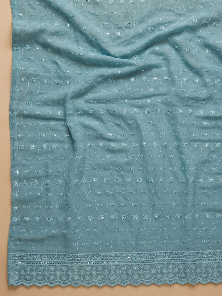 Blue Embroidered Georgette Unstitched Suit &amp; Pant With Cotton Dupatta