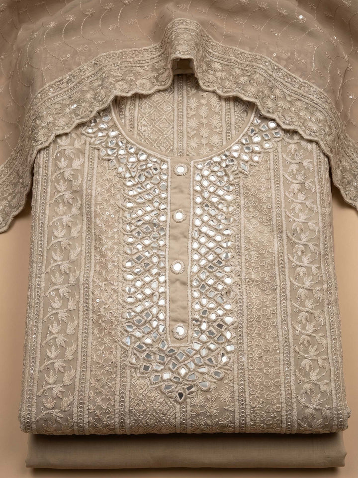 Chikoo Embroidered Georgette Unstitched Suit &amp; Pant With Cotton Dupatta
