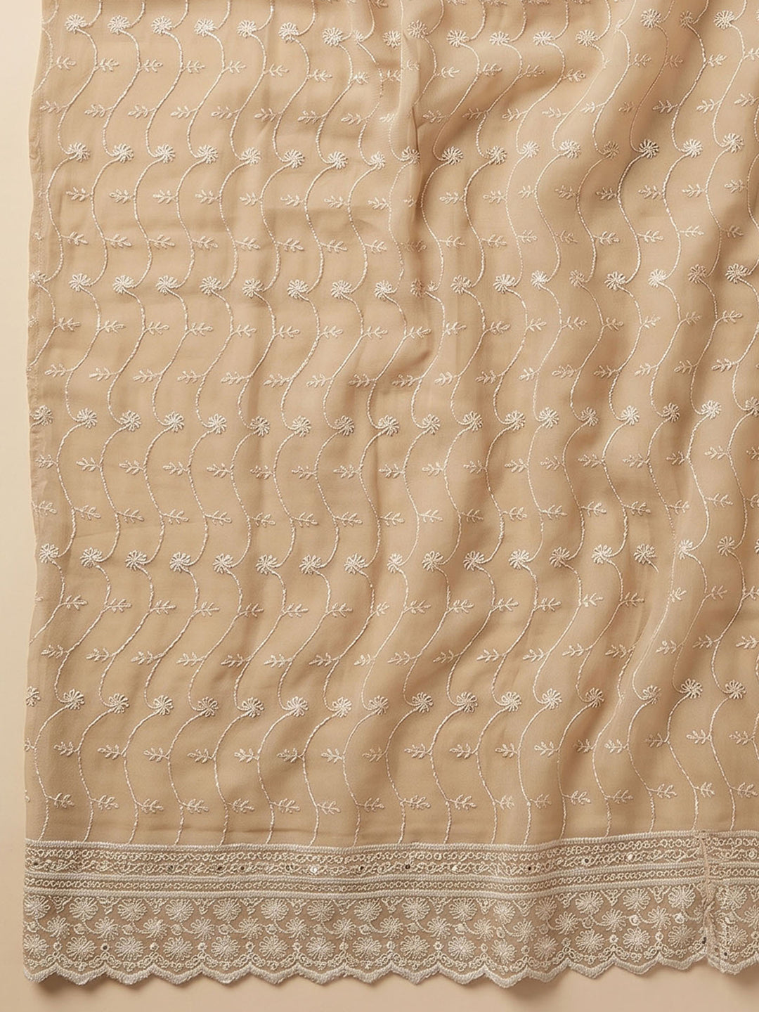 Chikoo Embroidered Georgette Unstitched Suit &amp; Pant With Cotton Dupatta