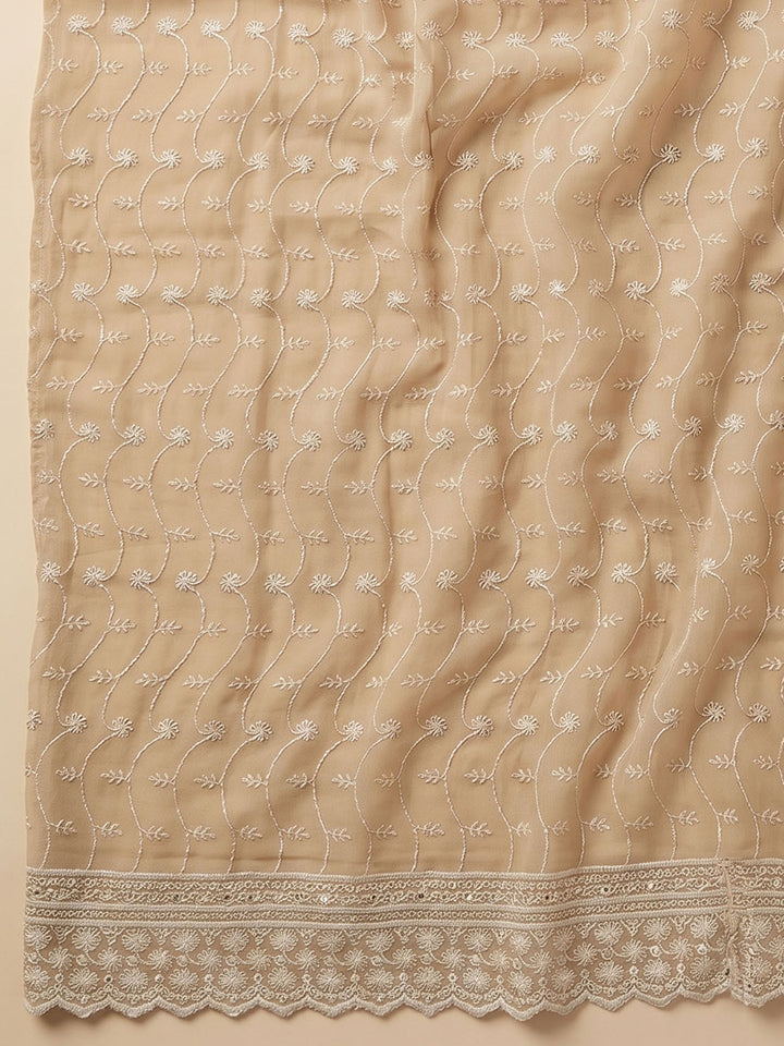 Chikoo Embroidered Georgette Unstitched Suit &amp; Pant With Cotton Dupatta