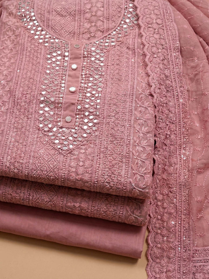 Peach Embroidered Georgette Unstitched Suit &amp; Pant With Cotton Dupatta