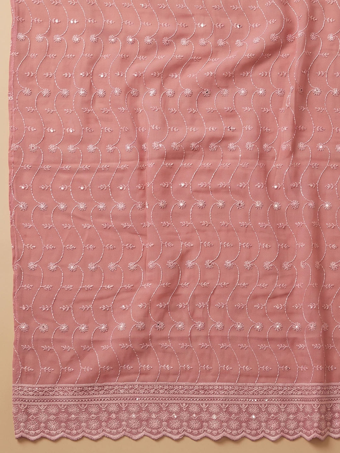 Peach Embroidered Georgette Unstitched Suit &amp; Pant With Cotton Dupatta