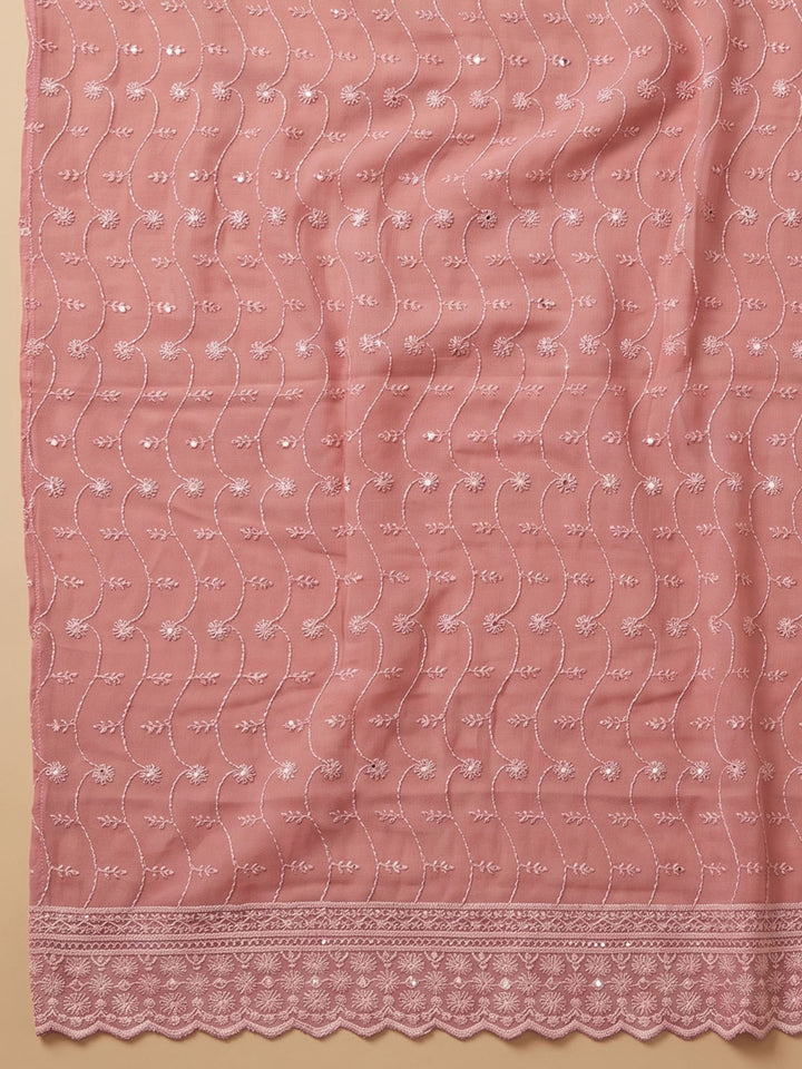 Peach Embroidered Georgette Unstitched Suit &amp; Pant With Cotton Dupatta