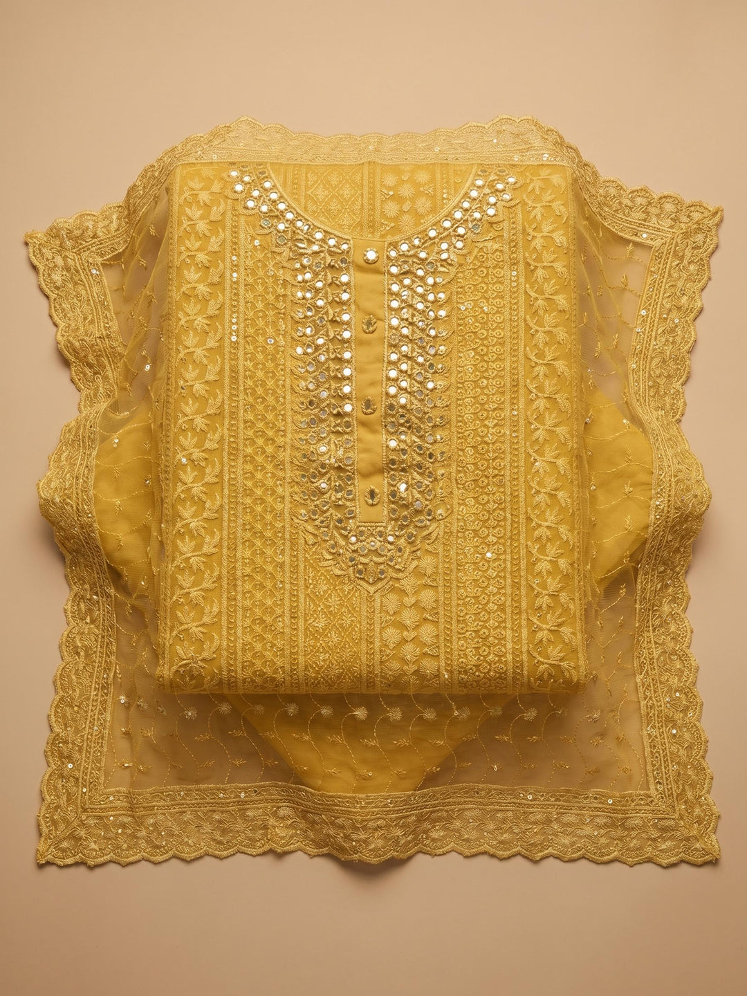 Yellow Embroidered Georgette Unstitched Suit &amp; Pant With Cotton Dupatta