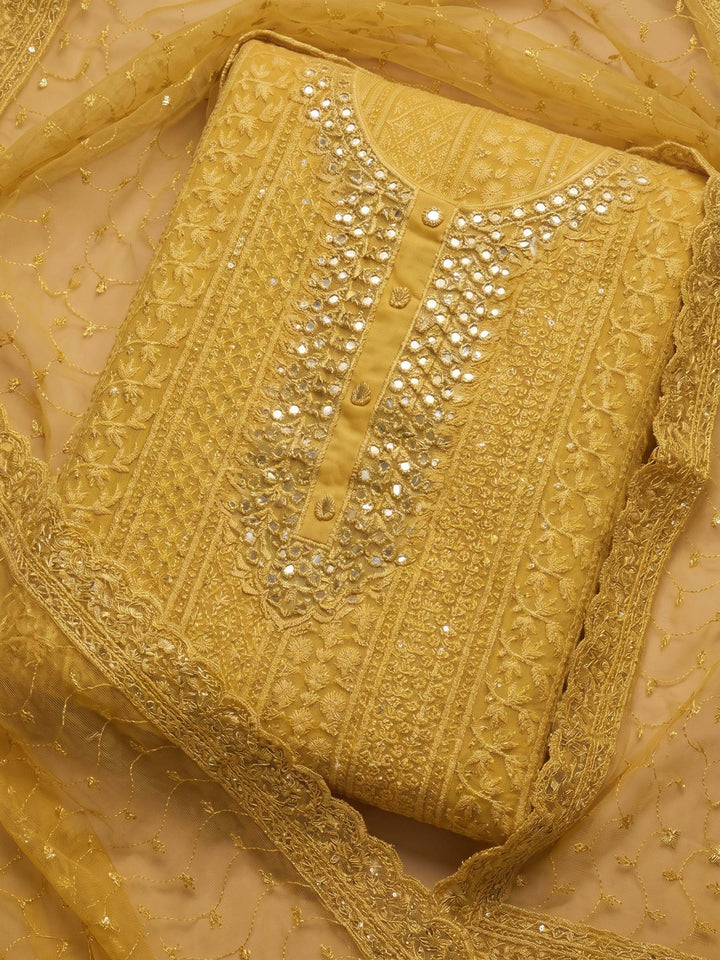 Yellow Embroidered Georgette Unstitched Suit &amp; Pant With Cotton Dupatta