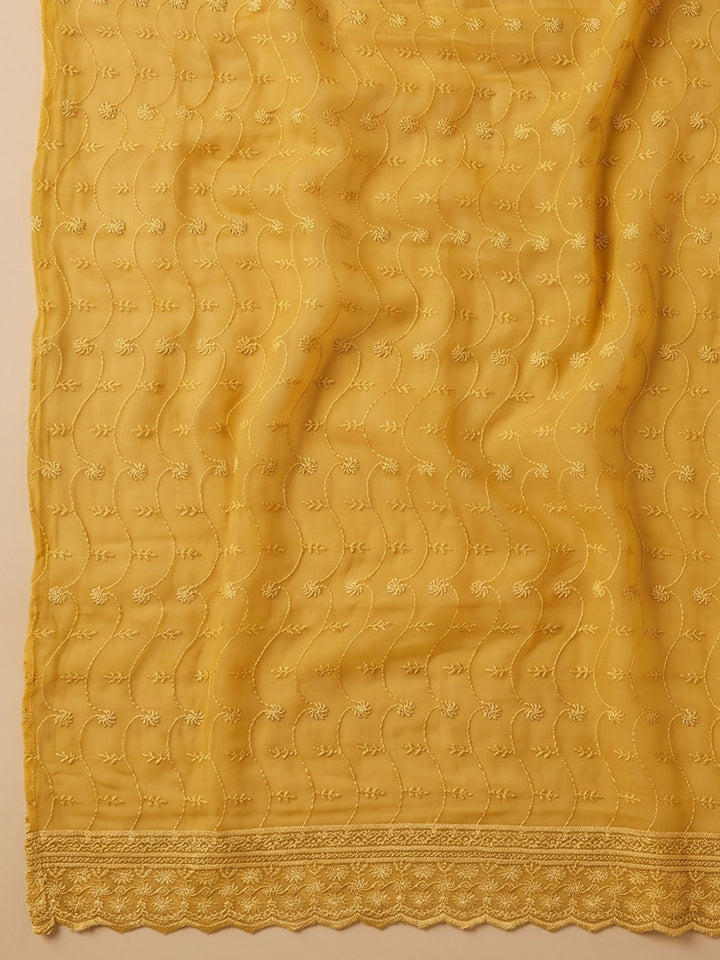 Yellow Embroidered Georgette Unstitched Suit &amp; Pant With Cotton Dupatta