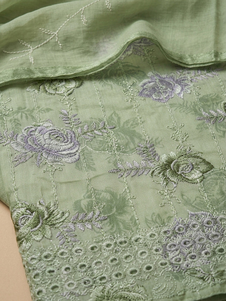 Mehndi Printed Cotton Blend Unstitched Suit &amp; Pant With Cotton Dupatta