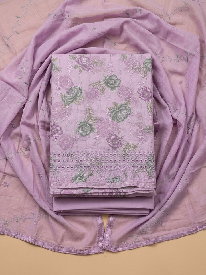 Pink Lavender Printed Cotton Blend Unstitched Suit &amp; Pant With Cotton Dupatta