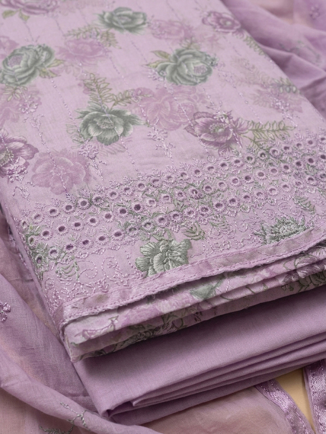 Pink Lavender Printed Cotton Blend Unstitched Suit &amp; Pant With Cotton Dupatta