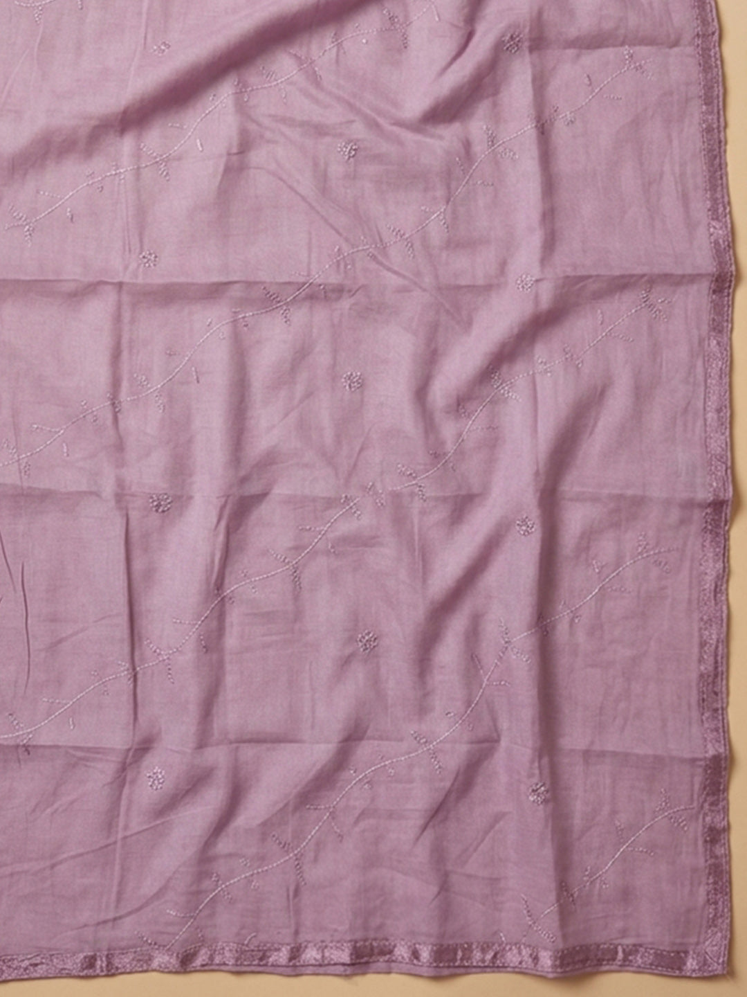 Pink Lavender Printed Cotton Blend Unstitched Suit &amp; Pant With Cotton Dupatta
