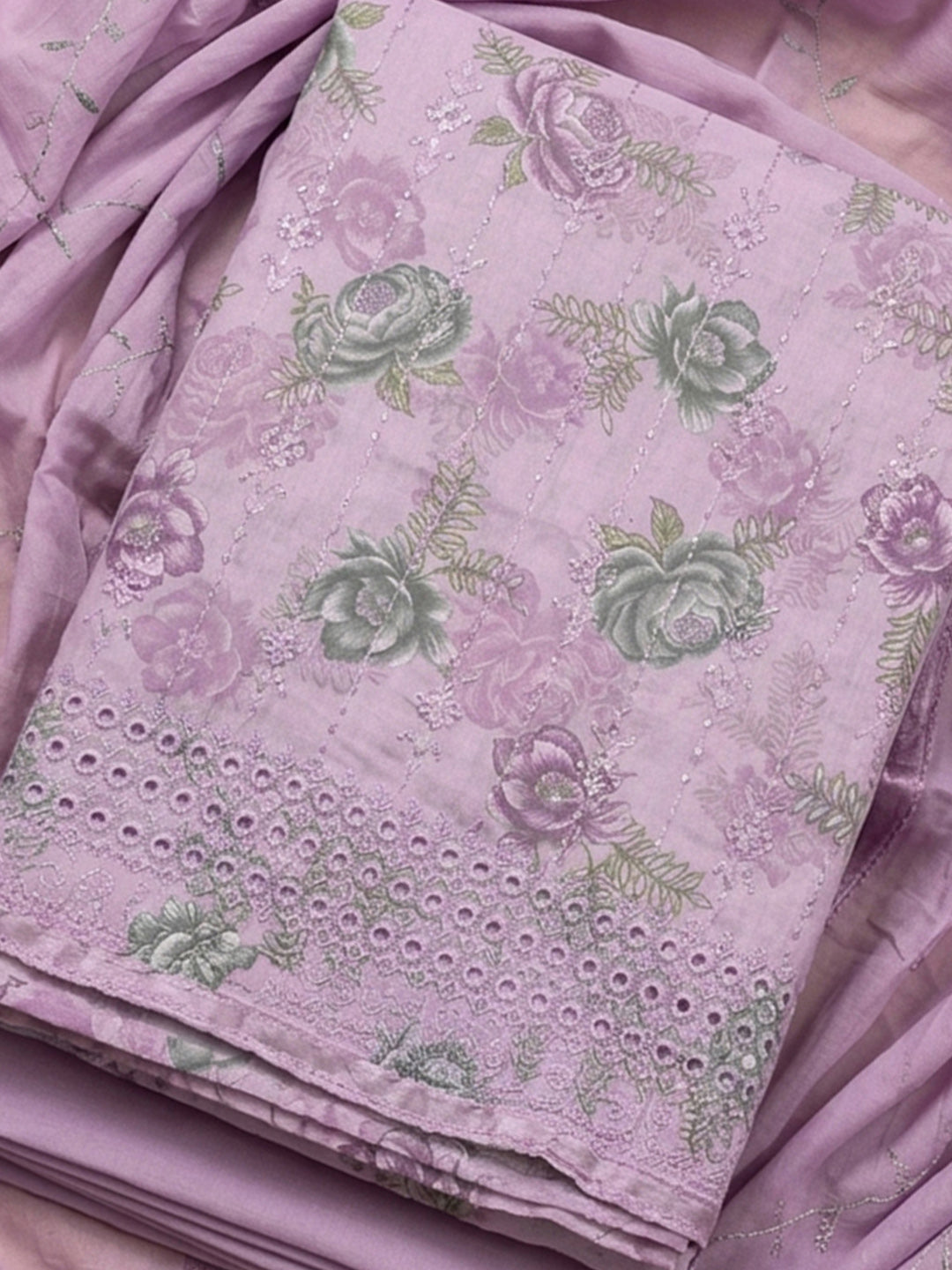 Pink Lavender Printed Cotton Blend Unstitched Suit &amp; Pant With Cotton Dupatta