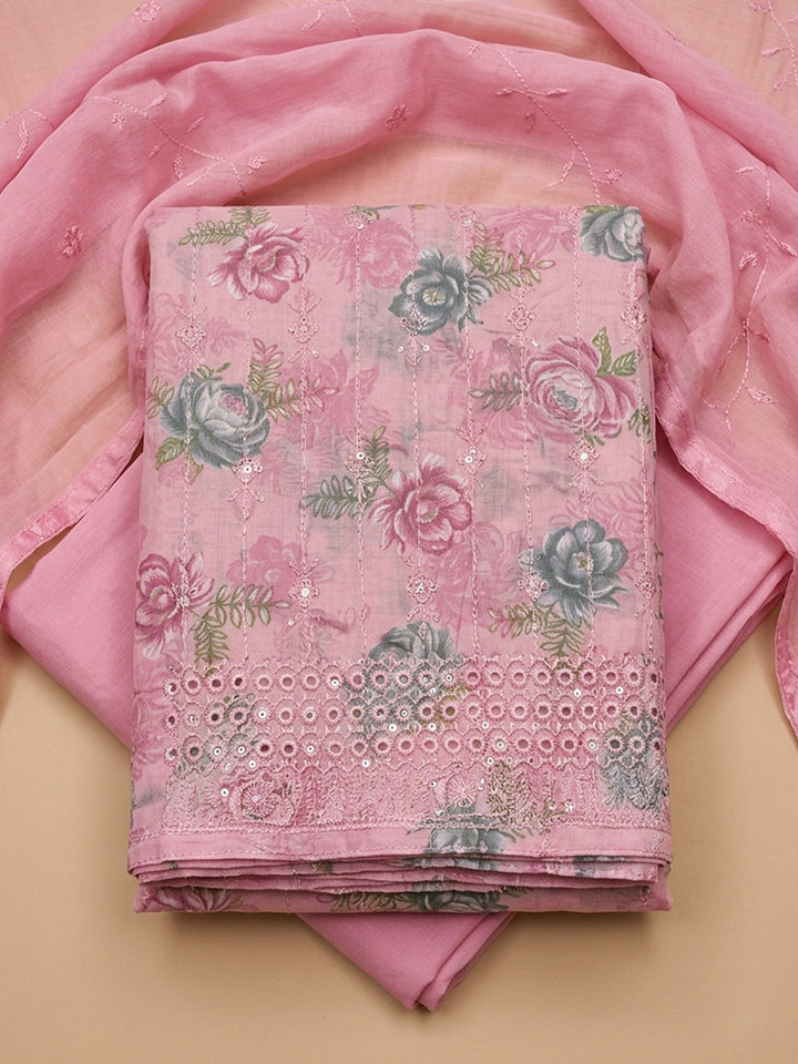 Pink Printed Cotton Blend Unstitched Suit &amp; Pant With Cotton Dupatta