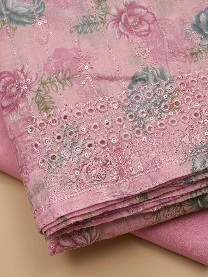Pink Printed Cotton Blend Unstitched Suit &amp; Pant With Cotton Dupatta