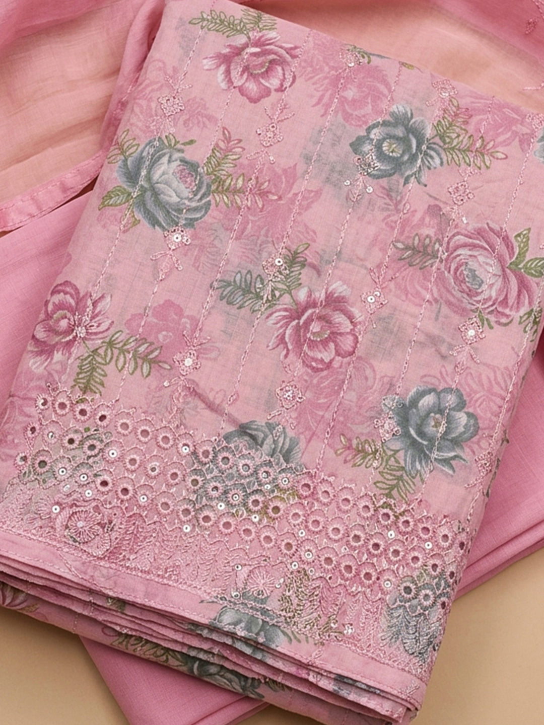 Pink Printed Cotton Blend Unstitched Suit &amp; Pant With Cotton Dupatta