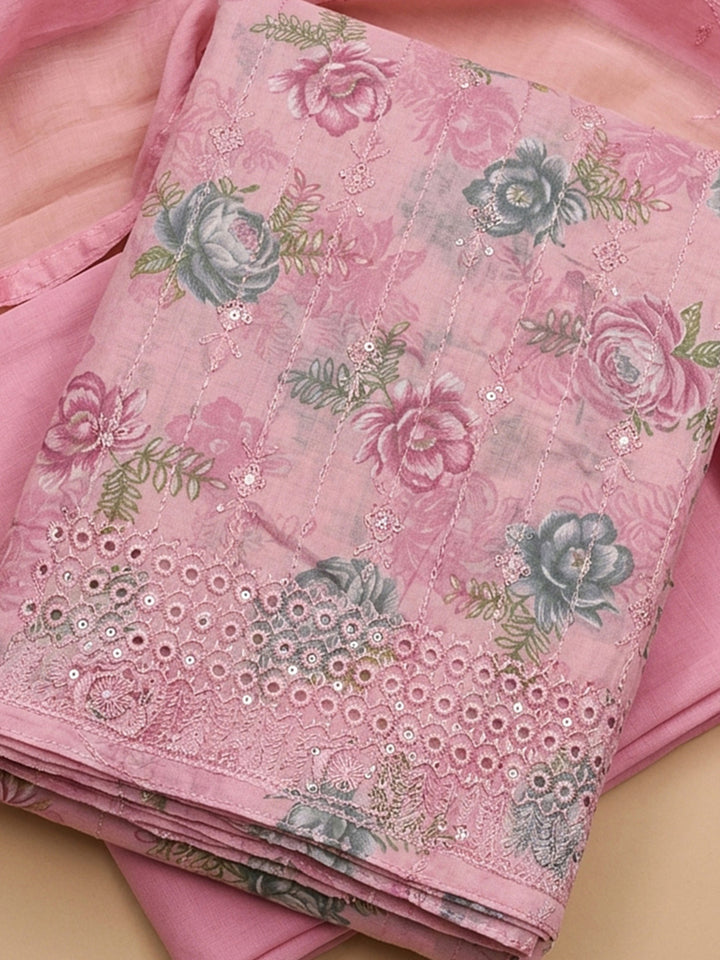 Pink Printed Cotton Blend Unstitched Suit &amp; Pant With Cotton Dupatta
