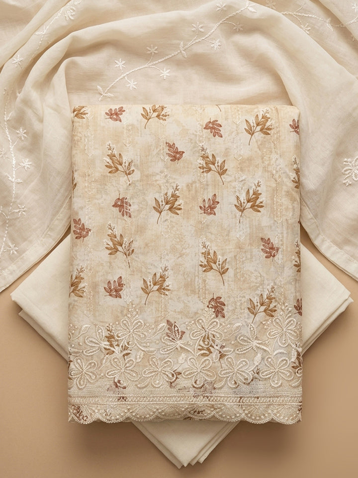Beige Printed Cotton Blend Unstitched Suit &amp; Pant With Cotton Dupatta