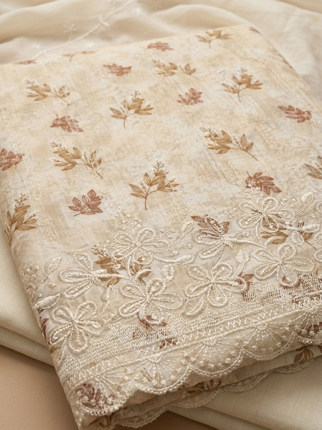 Beige Printed Cotton Blend Unstitched Suit &amp; Pant With Cotton Dupatta