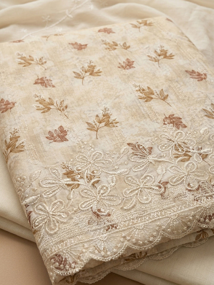 Beige Printed Cotton Blend Unstitched Suit &amp; Pant With Cotton Dupatta