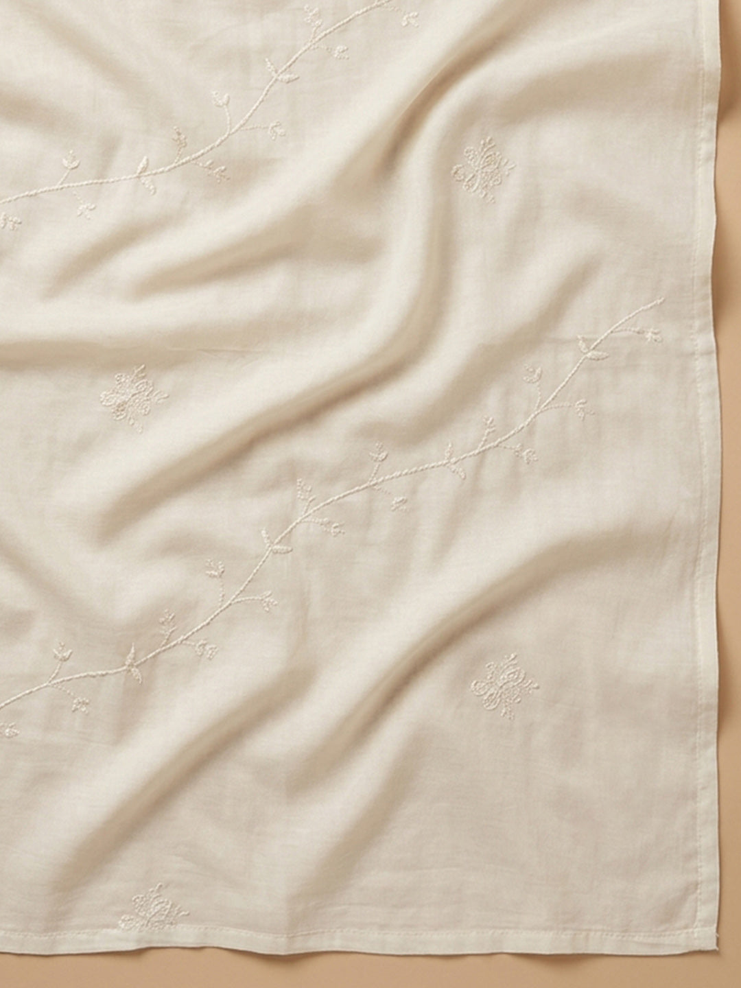 Beige Printed Cotton Blend Unstitched Suit &amp; Pant With Cotton Dupatta