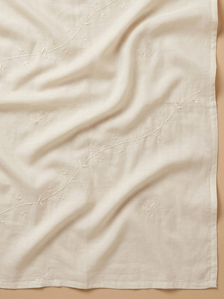 Beige Printed Cotton Blend Unstitched Suit &amp; Pant With Cotton Dupatta