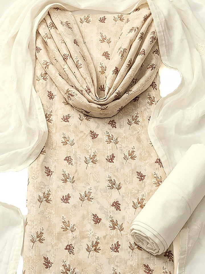 Beige Printed Cotton Blend Unstitched Suit &amp; Pant With Cotton Dupatta