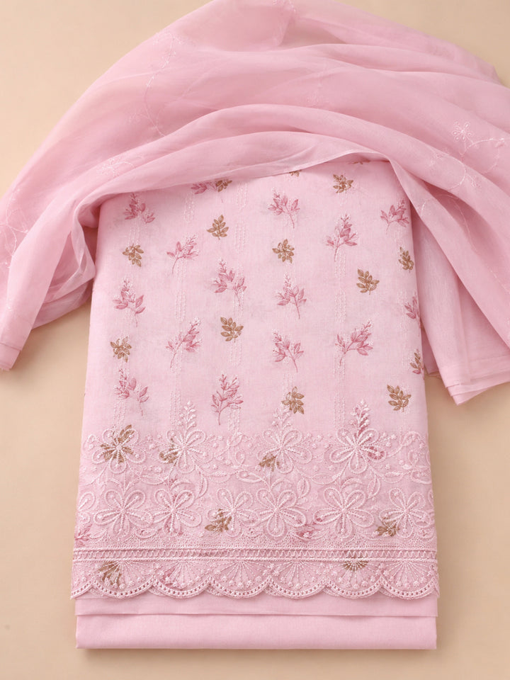 Pink Printed Cotton Blend Unstitched Suit &amp; Pant With Cotton Dupatta