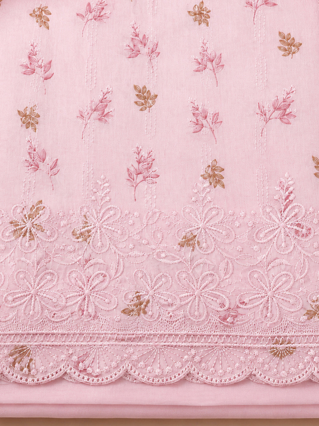 Pink Printed Cotton Blend Unstitched Suit &amp; Pant With Cotton Dupatta