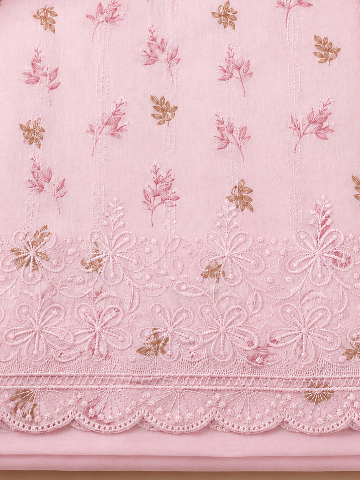 Pink Printed Cotton Blend Unstitched Suit &amp; Pant With Cotton Dupatta