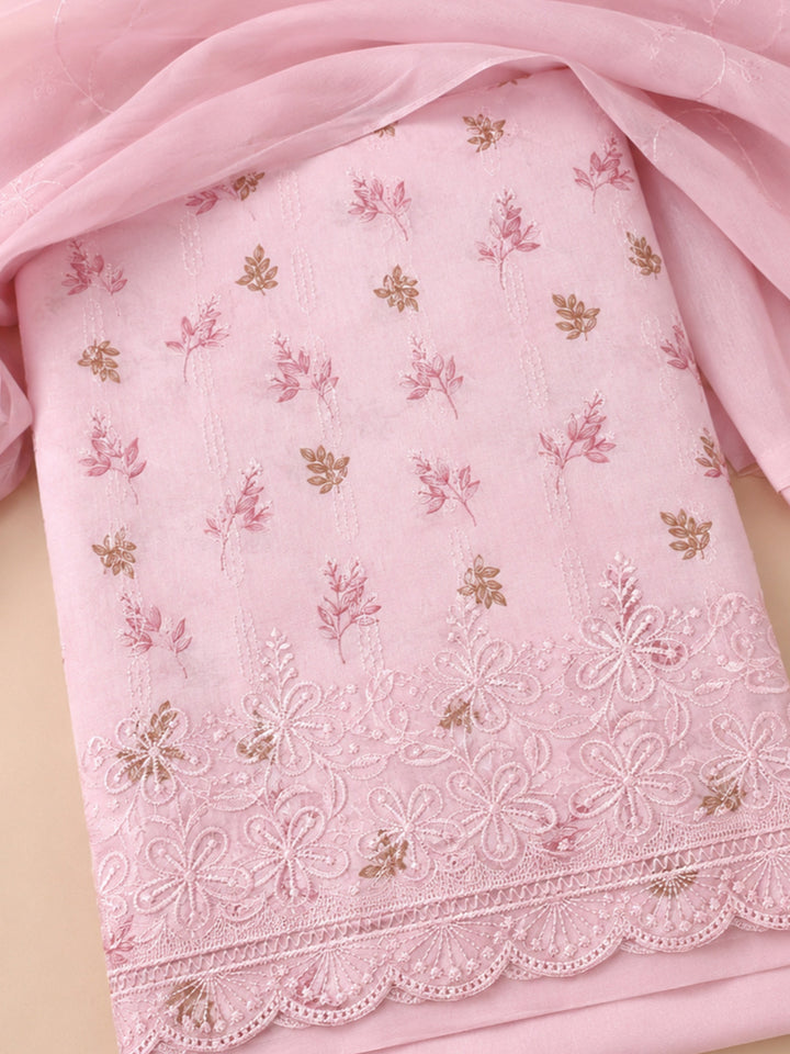 Pink Printed Cotton Blend Unstitched Suit &amp; Pant With Cotton Dupatta