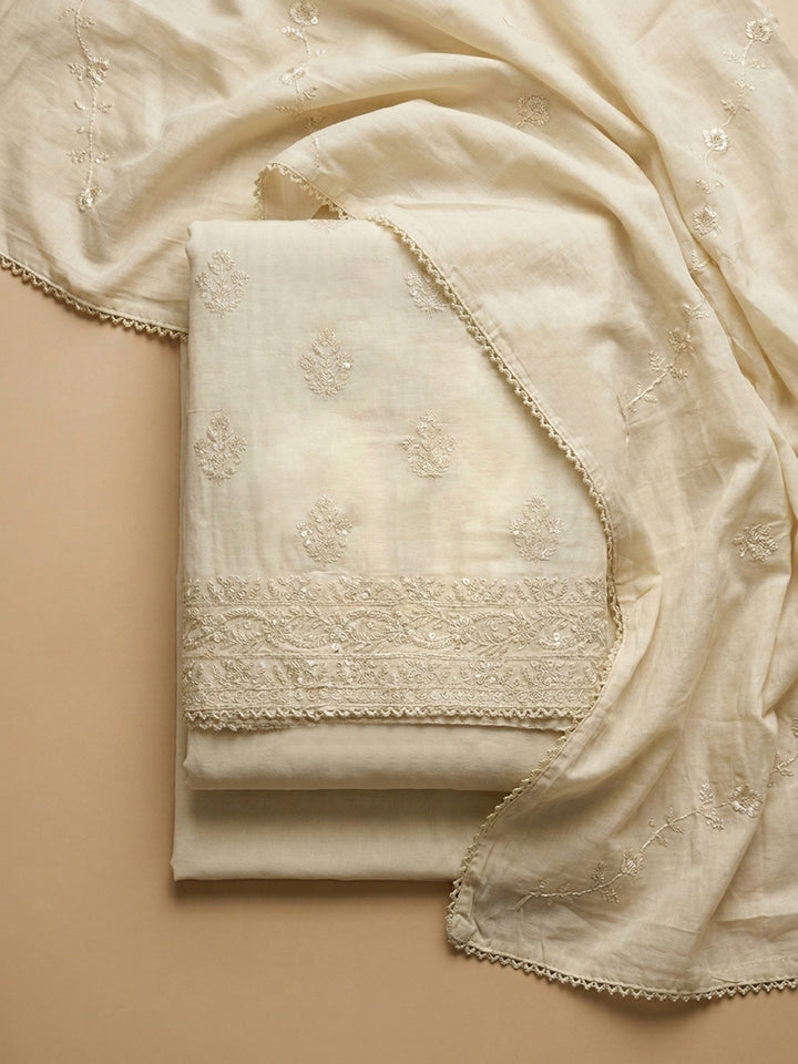 Cream Embroidered Cotton Blend Unstitched Suit &amp; Pant With Cotton Dupatta