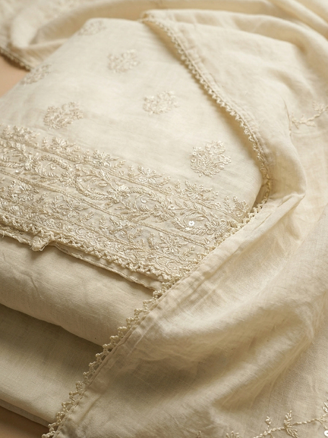 Cream Embroidered Cotton Blend Unstitched Suit &amp; Pant With Cotton Dupatta