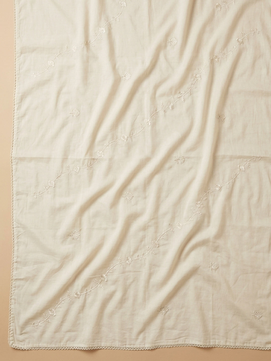 Cream Embroidered Cotton Blend Unstitched Suit &amp; Pant With Cotton Dupatta