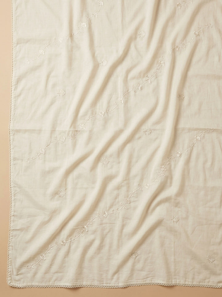 Cream Embroidered Cotton Blend Unstitched Suit &amp; Pant With Cotton Dupatta