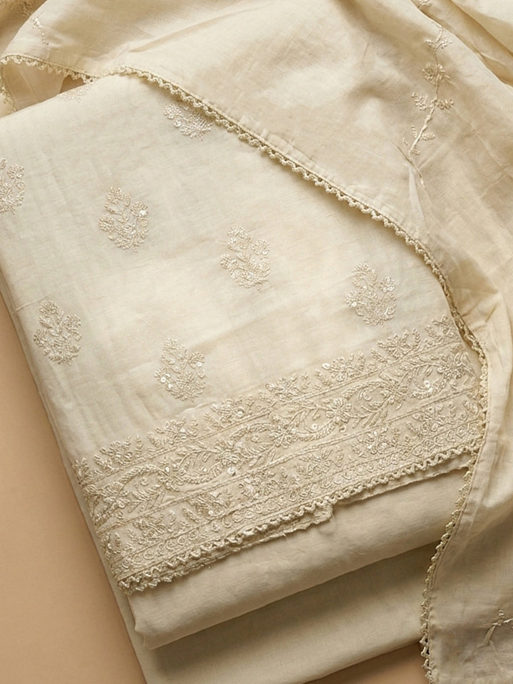 Cream Embroidered Cotton Blend Unstitched Suit &amp; Pant With Cotton Dupatta