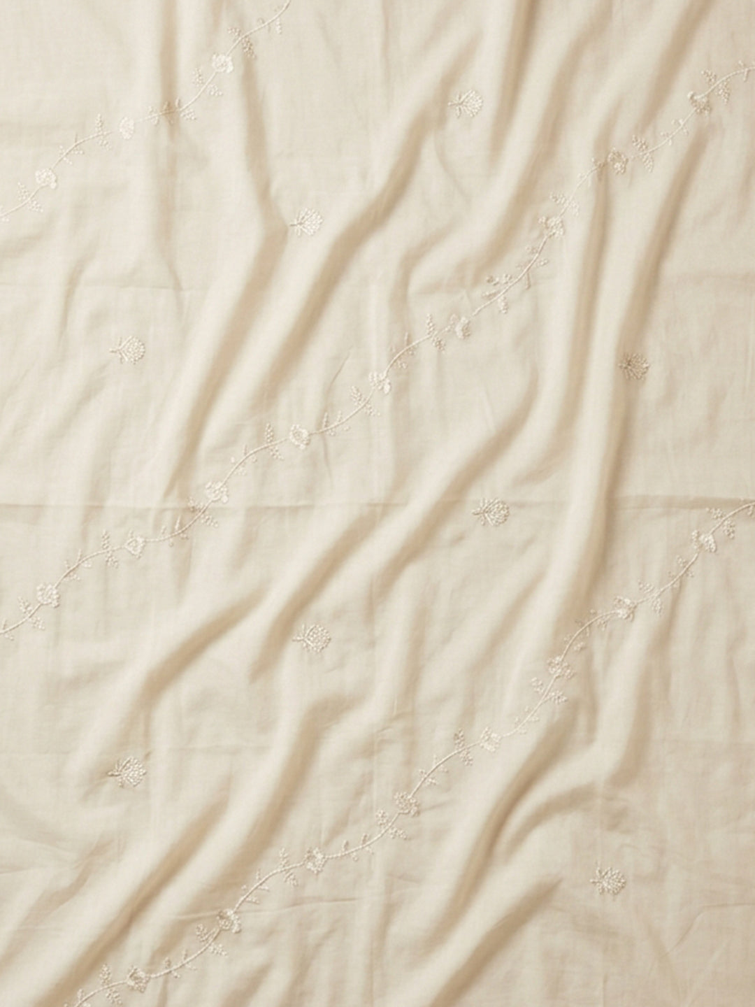 Cream Embroidered Cotton Blend Unstitched Suit &amp; Pant With Cotton Dupatta