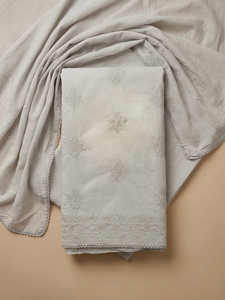 Off White Embroidered Cotton Blend Unstitched Suit &amp; Pant With Cotton Dupatta