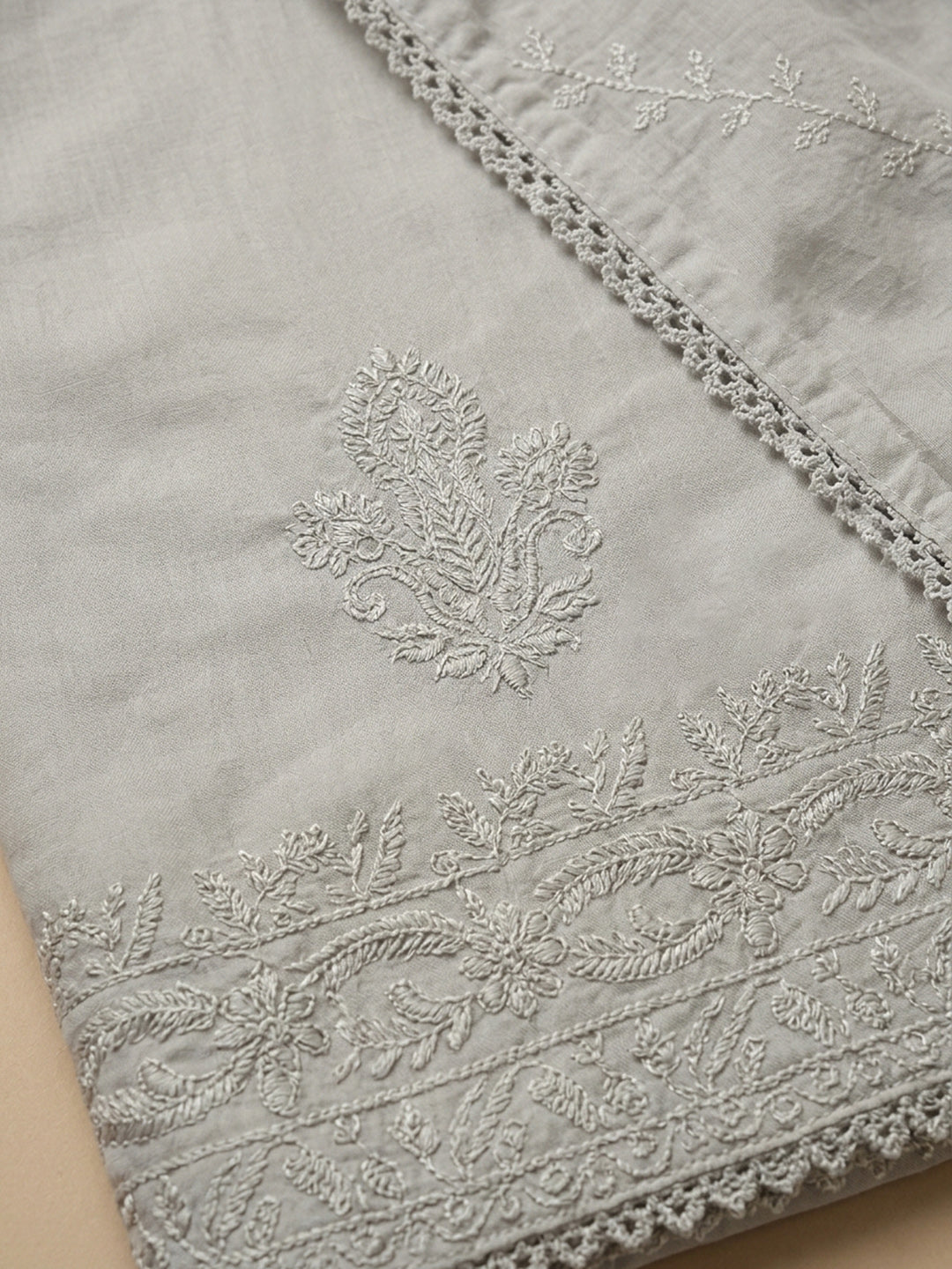 Off White Embroidered Cotton Blend Unstitched Suit &amp; Pant With Cotton Dupatta