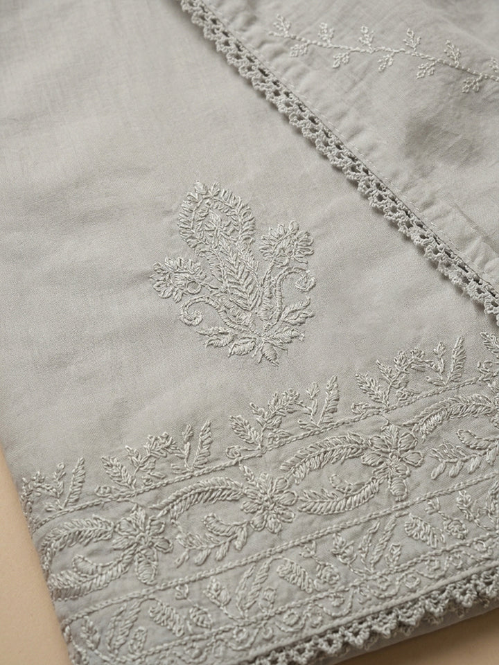 Off White Embroidered Cotton Blend Unstitched Suit &amp; Pant With Cotton Dupatta